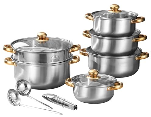 14-Piece Stainless Steel Cookware Set with Steamer Basket - 5 Pots with Glass Lids (Stockpot, 4 Saucepans)Includes Kitchen Tongs,Soup Ladle & Slotted Ladle - Premium Induction Hob Compatible,Rust-Proo