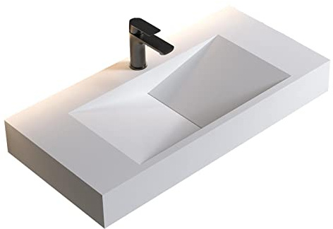 BERNSTEIN - Vasque Lavabo Rectangulaire à poser/suspendre Blanc mat 90x45x10cm Lave main mural fonte minérale + Ecoulement central - Design, Robuste & Durable - PB2049