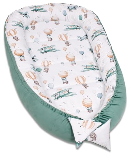 PaLulli Kuschelnest 2-seitig Babynest Babynestchen Baby Nest Nestchen Reisebett Wickelauflage Kuschelbett, Kokon Kokon für Babybett - Babys und Säuglinge, 100% Baumwolle Oeko TEX (Grüne Ballons)