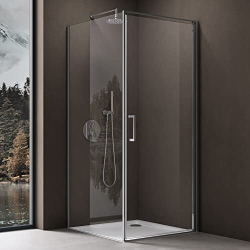 doporro Cabine de Douche en Angle Montage réversible 90x90x195 Paroi de Douche Design Ravenna36K-Plus Porte Pivotante Autolevante en Verre Transparant de 8mm