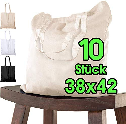 10 STÜCK Baumwolltasche 38x42 cm unbedruckt, zwei KURZE Henkel OEKO-TEX® zertifiziert Stofftasche, Tragetasche, Baumwollbeutel, Einkaufstasche, Jutebeutel, Stoffbeutel Einkaufsbeutel bemalen Natur