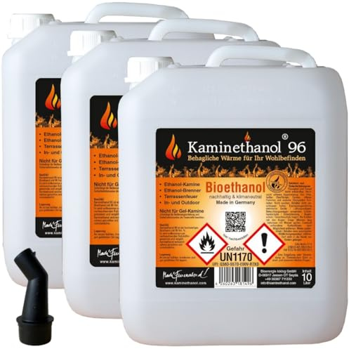 30 L Kaminethanol Bioethanol 96,6 % – 3 x 10 L Kanister mit Ausgießer