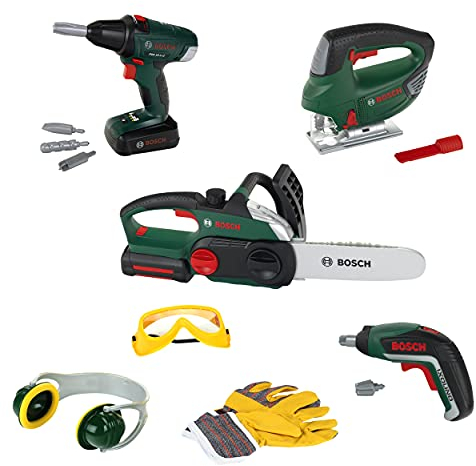 Theo Klein 8593 großes Bauarbeiterset Robuste Stich und Kettensäge mit Licht und Sound zwei coole Akkuschrauber für Kinder Arbeitsschutz-Zubehör im Bosch-Design Spielzeug für Kinder ab 3 Jahren