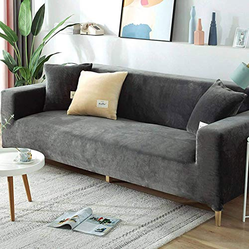 Samt-Sofabezug für 2-, 3-, 4-Sitzer, weicher Plüsch-Sofaschutz, Stretchbezug für Sofa und Armlehnen, wasserabweisend, Möbelschutz, Grau, 4-Sitzer, 235-280 cm