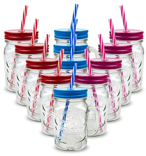 Pack of 12 Mason Jars with Handles, 500 ml Durable Drinking Glasses with Lids, Straws – Perfect for Cold Beverages Including Juices and Smoothies – Ergonomic and Comes in Attractive Hues and Designs
