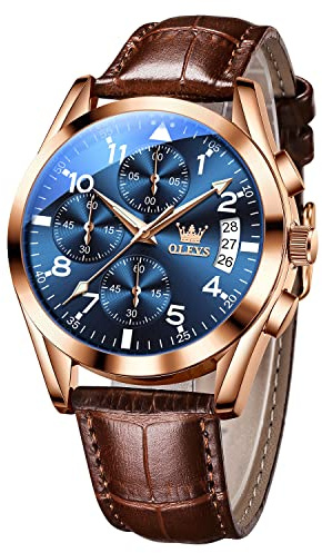OLEVS Men's Watches Auto Date Multi-Function Rose Gold Quartz Watch for Men Blue Face Brown Leather Strap Casual Mens Chronograph Watches Water Resistant Easy Read Aviator Men's Cuff Watch for Father