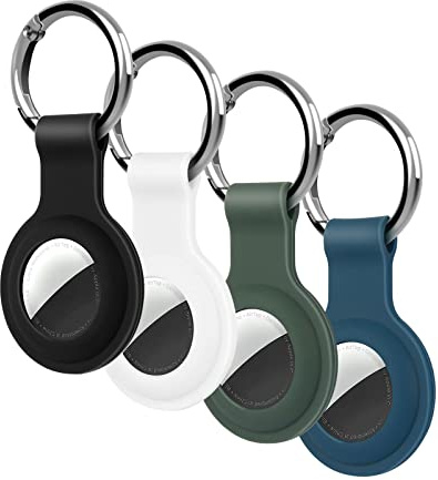 KOKOKA 4 Stück Schutzhülle Kompatibel mit Airtag Anhänger, Schlüsselanhänger Airtag Silikonhülle Tracker mit Keyring für Koffer,Rucksäcken,Haustierhalsbändern,Black White Dark Green Midnight Blue