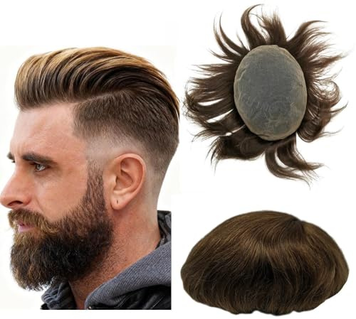 NLW Echthaar-Toupet für Männer, 100% natürliches Haarersatzsystem mit mittlerer Dichte, atmungsaktive Perücke aus französischer Spitze, 8 * 10 (#4Light Brown)