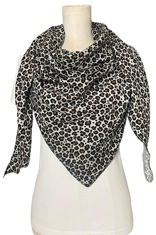 Musselin Halstuch beige Leoprint Dreieckstuch Damen XXL Leo Print Wickelschal Tuch Handmade Schal Stlola einlagig
