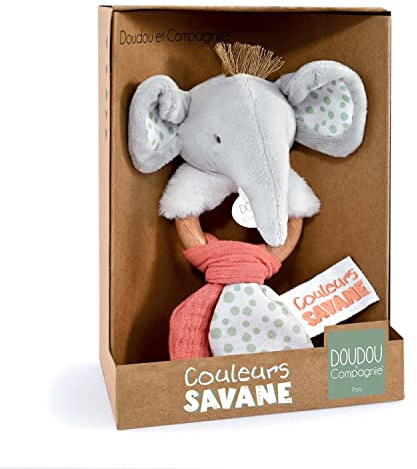 Doudou et Compagnie - Farben Savanne – Rassel Holz Elefant – Grau – 15 cm – Geschenk zur Geburt – DC4077