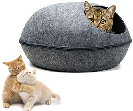 Filz-Katzenhöhle Abnehmbares Katzennest mit weichem Kissen, Katzenzelt mit Reißverschluss, eierschalenförmige Kuschelhöhle für Katzen und Hunde