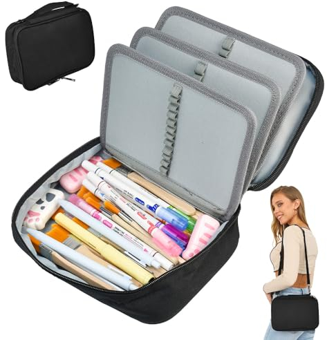 LIMITADA Federmäppchen Erwachsene Groß Federtasche Schwarz 72 Slots Federmappe 3 Fächer Mäppchen Mädchen Stiftetasche mit Tragegriff Bleistiftetui für Schule Büro Mädchen Damen Student (23*16*7cm)