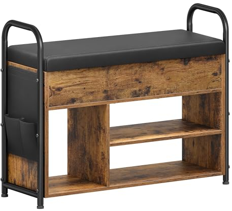 VASAGLE Schuhbank mit Sitzfläche, Schuhregal, Sitzbank mit Stauraum unter dem Deckel, PU-Organizer, Tragegriffe, für Flur, Wohnzimmer, Schlafzimmer, vintagebraun-tintenschwarz LSB052K01