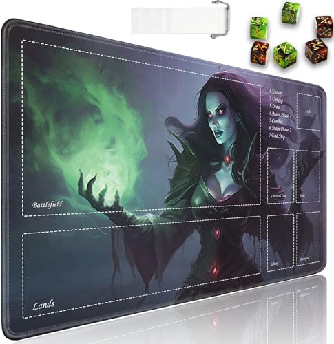 JVGFYNKL Tapis de jeu TCG avec zones, 61 x 35,6 cm, caoutchouc antidérapant pour tapis de jeu MTG avec pochette de voyage à cordon et 6 dés, nécromancien pour tapis MTG, tapis de jeu de cartes