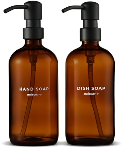 MaisoNovo Spülmittelspender Glas 2er-Set - 500 ml Bernstein Spüli Und Seifenspender Küche mit Schwarz Pumpen, Wasserfeste Etiketten