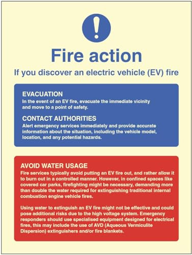 Fire action notice - electric vehicles (self adhesive, glow in the dark, safety sign)