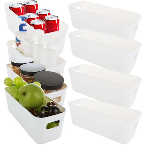 WOPPLXY 8 PCS Plastic Storage Box, White Narrow Storage Boxes with Handles, Kitchen Cupboard Bathroom Storage Basket, Desktop Slim Organiser Storage Box - 27CMx9CMx9.5CM