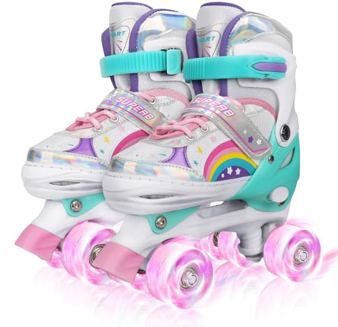 Kinder Rollschuhe für Mädchen, Jungen und Anfänger, 4 Größen Verstellbare, Rainbow mit leuchtenden Rädern Quad Skates, geeignet für den Innen- und Außenbereich (S)