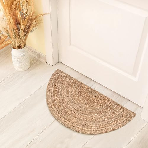 RIANGI Boho-Teppich, geflochten, Jute-Naturfaser, halbrund, für Wohnzimmer, Eingangsbereich, Bauernhaus, Heimdekoration, Innenteppich, Jute-Fußmatte, natürlich, 45 x 91 cm, halbrund
