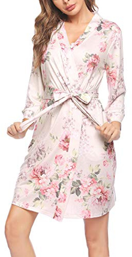 Ekouaer Dam morgonrock kort stickad badrock morgonrock damer myskläder V-ringad lätt mjuk kimono med fickor, Ljusrosa blommig, M