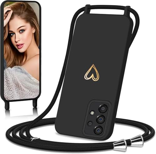 Eherui Cover per Samsung Galaxy A52 5G/4G & A52s 5G con Cordino, Custodia con nastri Collana Regolabile Morbida in silicone Case con Motivo Cuore Antiurto Protettiva Cover per Samsung A52s,Nero