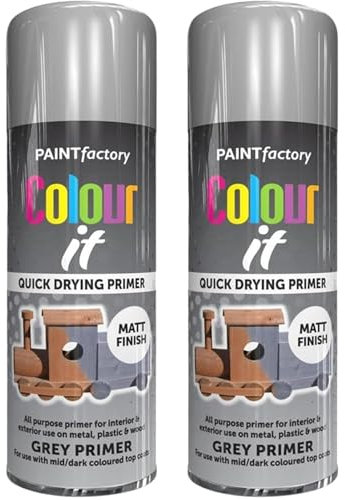 GSV Essentials Grey Primer Spray Paint, Quick-Drying Formula, DIY Projects, Easy To Apply, Suitable For Both Interior And Exterior Use, Long-Lasting, 250ml, (2 Pcs)