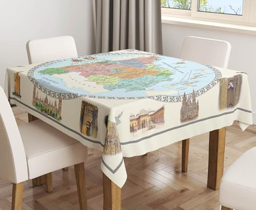 Exma Mantel del Mapa de España y Portugal - Manteles Resinados Antimanchas para Mesa - Calidad de Tela Tejido Antimanchas resinado Impermeable [Medida 140x140cm]