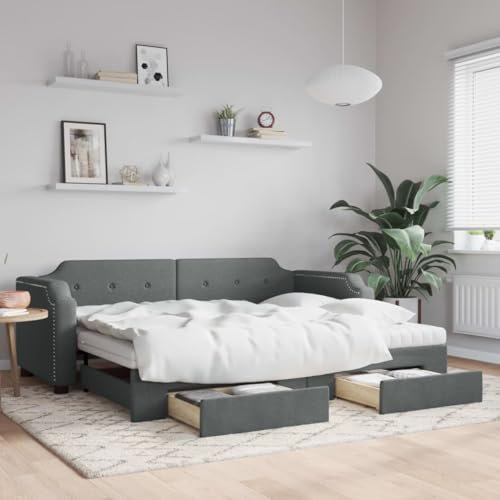 Hommdiy Tagesbett, Ausziehbar Schlafsofa mit Schubladen Matratzen, Bettsofa Gästebett für Schlafzimmer Wohnzimmer,Stoff Dunkelgrau,80 x 200 cm,mit Bettkasten & Schublade & Matratze
