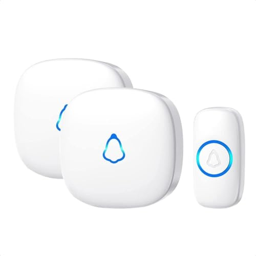 Funkklingel Türklingel Funk Klingel Haustür - 300m Reichweite IP55 Funkklingel Aussen Wasserdicht mit 2 Plug-In-Empfänger, 58 Melodien doorbell Mit LED-Blitz, 5 Lautstärkestufen(0 bis 120 dB), Weiß