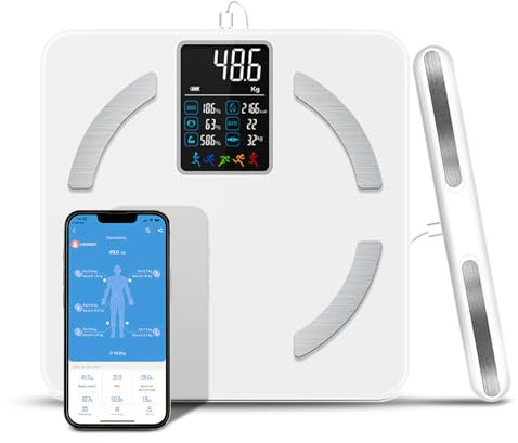 Intelligente Körpergewichtswaage mit Handsensoren, Personenwaage mit 28 Messwerten und 8 Elektroden, Bluetooth Körperanalysewaage, 180kg Kapazität