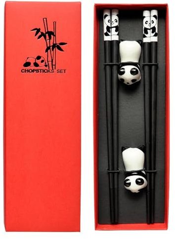 Chinese Chopsticks Set - Baguette Eating Utensils, Panda Chopsticks Set | 2 Pairs Reusable Panda Chopsticks With Ceramic Stand, Genoa-Dishwasher Non Slip