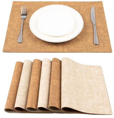 SUEH DESIGN Tischsets und Platzsets im 6er-Set in Lederoptik, Abwaschbar | Abwischbar Tischsets, Hitzebeständiges PU Kunstleder Platzdeckchen, 43cm x 31cm Camel und Beige