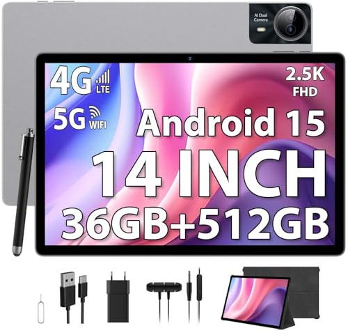 PIXPEAK 2.5K Android 15 Tablette 14 Pouces, 36GB RAM, 512GB ROM (Extension 2TB), 4G Lte/5G WiFi, INCELL 2240 x 1400 FHD, 11580mAh, Octa-Core, 13MP+8MP, Tablette Tactile avec étui/GPS/Bluet (Argenté)