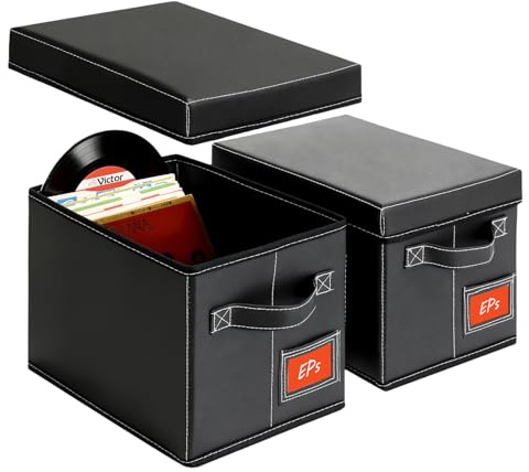 yoyobubu 2-Pack 7-Inch Vinyl Record Storage Boxes – Black Faux Leather Record Holder & Case with Lid – Compact Storage Crate for Singles, EPs, Vinyl Rolls, and Accessories