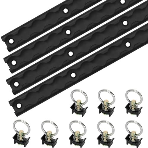 LAJIAOZ L Track Tie Down System – 4PCS 2FT Black Aluminum L-Track Rails with 8PCS Single Stud O-Ring Fittings, Heavy Duty Cargo Tie Down Kit for Trailer, Truck Bed, Van, Utility Vehicles