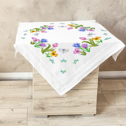 KAMACA Stickpackung Blumenwiese Kreatives Stickerei-Set mit vorgedruckter Tischdecke 14 Farben Stickgarn und detaillierter Anleitung Perfekt für Erwachsene & Anfänger (Blumenwiese MD 80x80 cm)