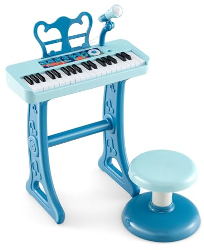 COSTWAY 37 Tasten Kinder Keyboard, Kinderklavier elektronisch mit Hocker, Mikrofon & Notenständer, Kinderpiano mit Abnehmbarer Beinen, Klaviertastatur für Kinder ab 3 Jahren (Blau)