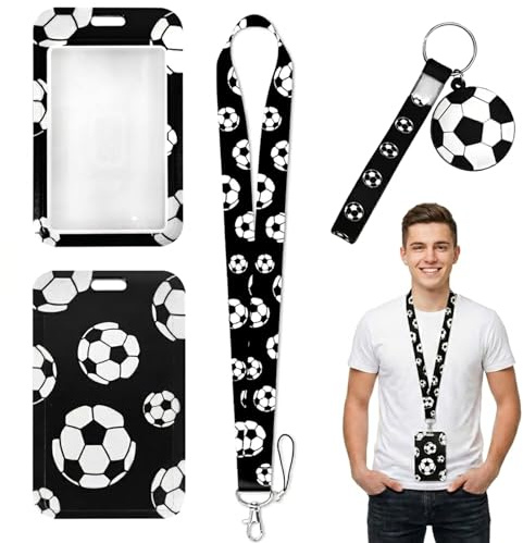 Lanyard con portatarjetas, patrón de fútbol suave Lanyard negro cómodos portatarjetas de identificación para barco de crucero de la escuela de autobuses, con un llavero de fútbol negro