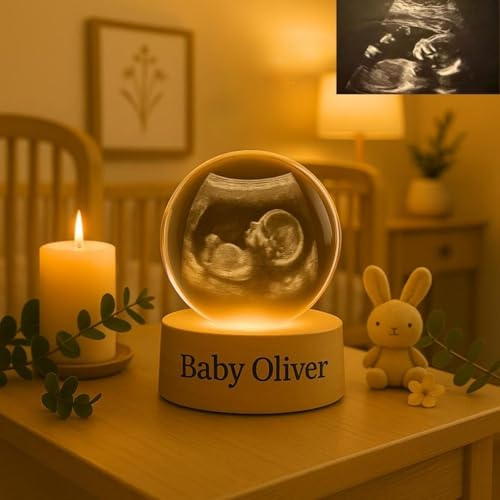 WeiyoUDP Bola de cristal fotoLED 2D personalizada con base luminosa, regalo único y móvil para anuncio de embarazo (6 cm)