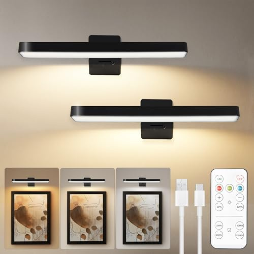 Auncko 2 Pack Picture Lights for Wall, Rechargeable Wall Lights Battery Operated with Remote, 3 Color Temps, Dimmable, Timer, Wireless Art Light for Painting Gallery Frame Artwork Dartboard, Black