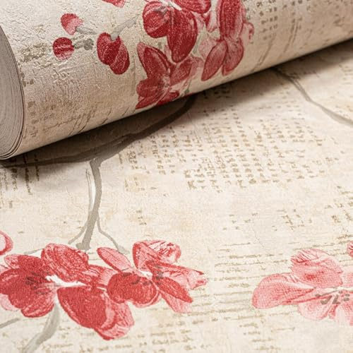 SOPHIE LAURENCE Pink & Red Floral Wallpaper – Beige & Grey Tones with Gold Metallic Mottled Texture, Thick Vinyl Feature Wall Roll (53 cm × 10.05 m)