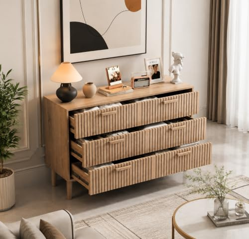 Byrå med 6 lådor, modern träbyrå med stort förvaringsutrymme, vardagsrumsskåp med rymligt tak för vardagsrum, sovrum, linjemönster, 100 x 34 x 73 cm (6 lådor, träfärg-A)