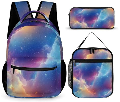 peiyeety Conjunto de mochila de viaje con loncheras y neceser de maquillaje Universo Espacio Galaxia Cielo estrellado (2) Conjunto de mochila con lonchera y bolsa de almacenamiento