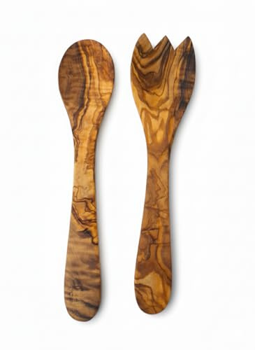 Couverts à Salade en Bois d'Olivier, Cuillère et Spatule Fourchette, 30 cm, lot de 2