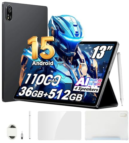 Blackview Mega 8 13 Pouces Tablette Android 16, 36Go+512Go/2To, Haut-parleurs Quad-Box Gaming Tablet, 11000mAh, 50MP Camera, 4G LTE 5G WiFi Tablette Tactile, Stylo Intelligent + Coque,OTG/Hall, Noir