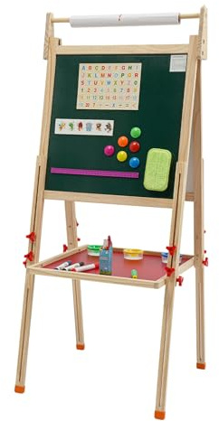 Caballete magnético de doble cara para crecimiento infantil, altura ajustable, con 3 vasos de color, 3 rotuladores para pizarra blanca y 6 botones magnéticos para habitaciones infantiles, guarderías