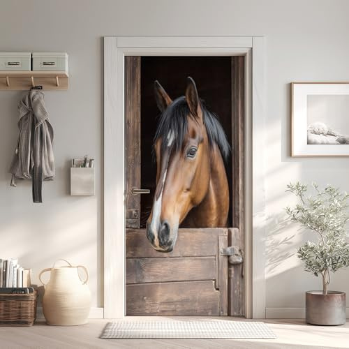 Pferd Tier Türaufkleber, Holzstalle Türfolie Selbstklebende Fototapete 77x200 cm, Bauernhof Ländlich Türposter Abnehmbar Türfolie PVC Für Tür Schlafzimmer Badezimmer Türaufkleber