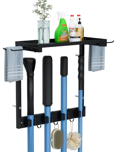 KMUZAWN Broom Holder Wall Mount with Cleaning Supplies Organizer, Laundry Room Organization and Storage Shelves, Mop Hanger Broom Rack with Hooks, Home Improvement Kitchen Shelf Garage Organizer