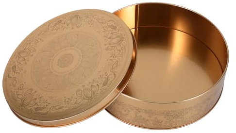 LOORGVEL Kuchenform Rund Keksdose Süßigkeiten Box aus Weißblech 16.8cm Ofensicherheit Kleine Metall Aufbewahrungsbox mit Deckel Goldfarbene Dessertbox für Süßigkeiten Gastgeschenke