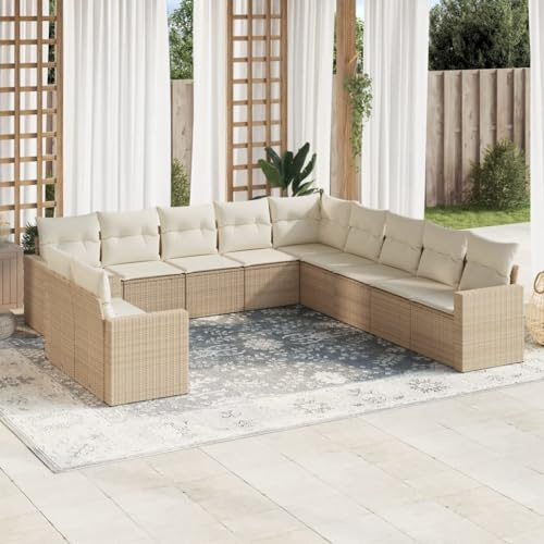 Teenpull 11-TLG. Trädgårdssoffa med kudde beige poly rotting, modulär loungesoffa set för terrass, UV-beständig, med förvaringsutrymme